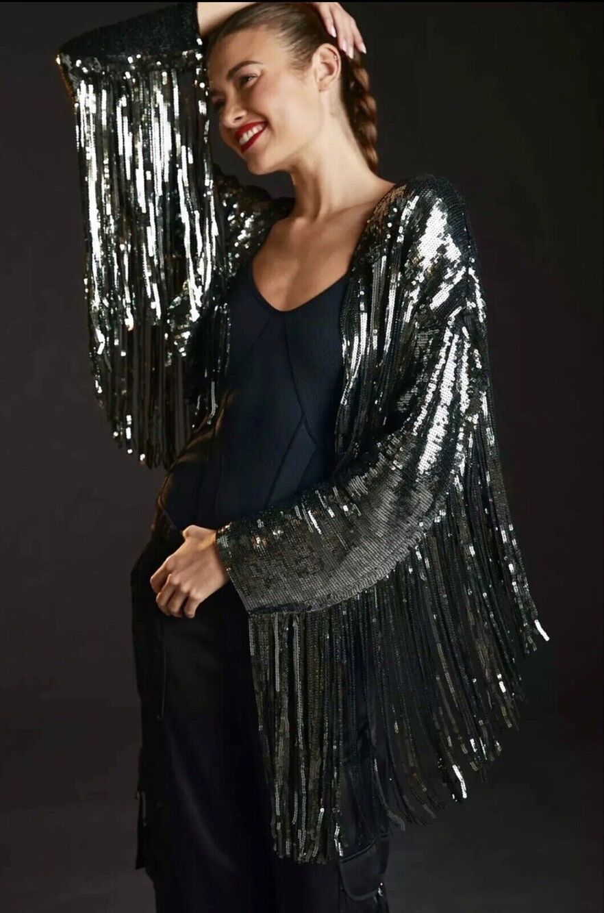 Anthropologie Fringed Sequin Jacket Cropped Silver XXS